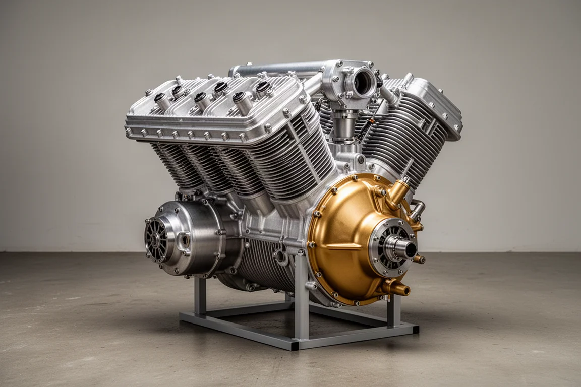 Horizontally opposed air-cooled six-cylinder experimental aircraft engine on a display stand