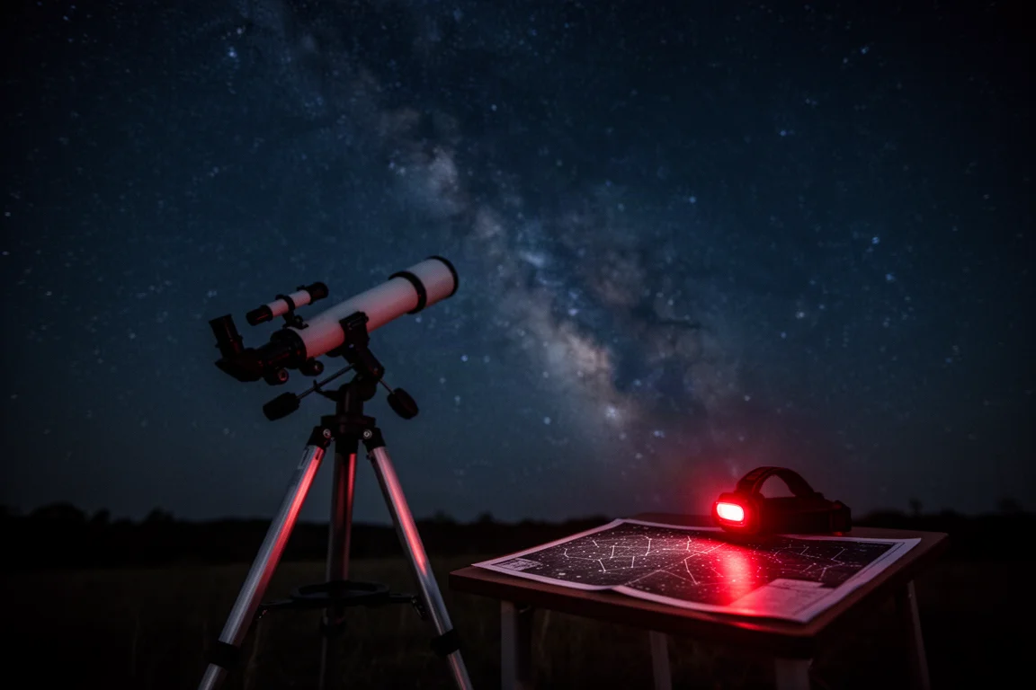 望遠鏡架設在黑暗星空下,頭頂是壯闊的銀河