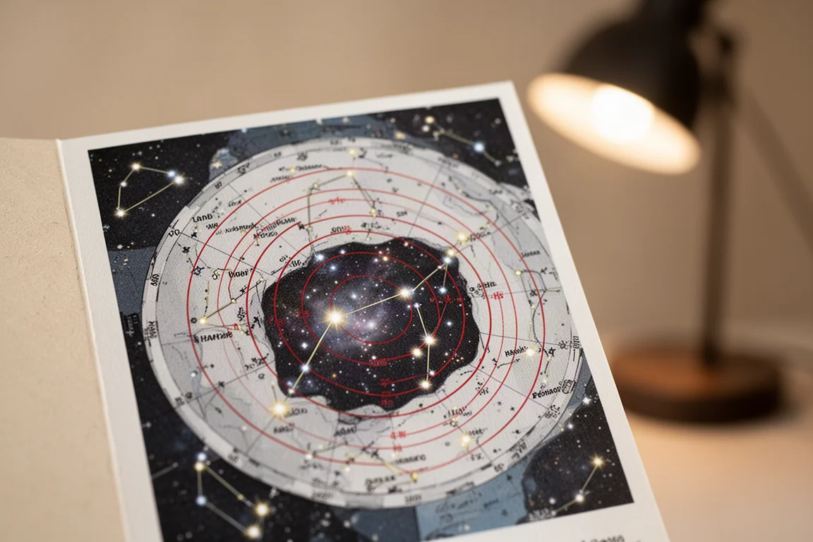 星圖特寫,顯示 Telrad 式同心紅圈疊在星座上