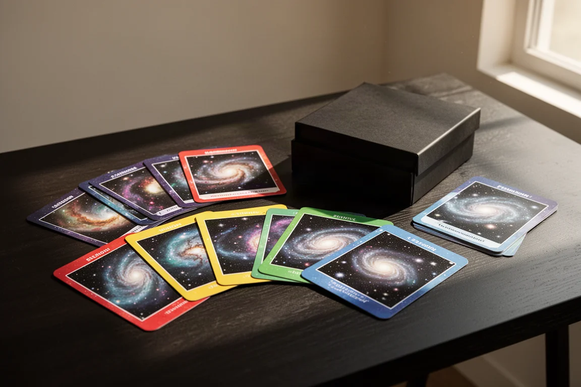 一疊扇形展開、印有彩色星雲圖案的天文閃卡，旁邊放著一個打開的黑色盒子