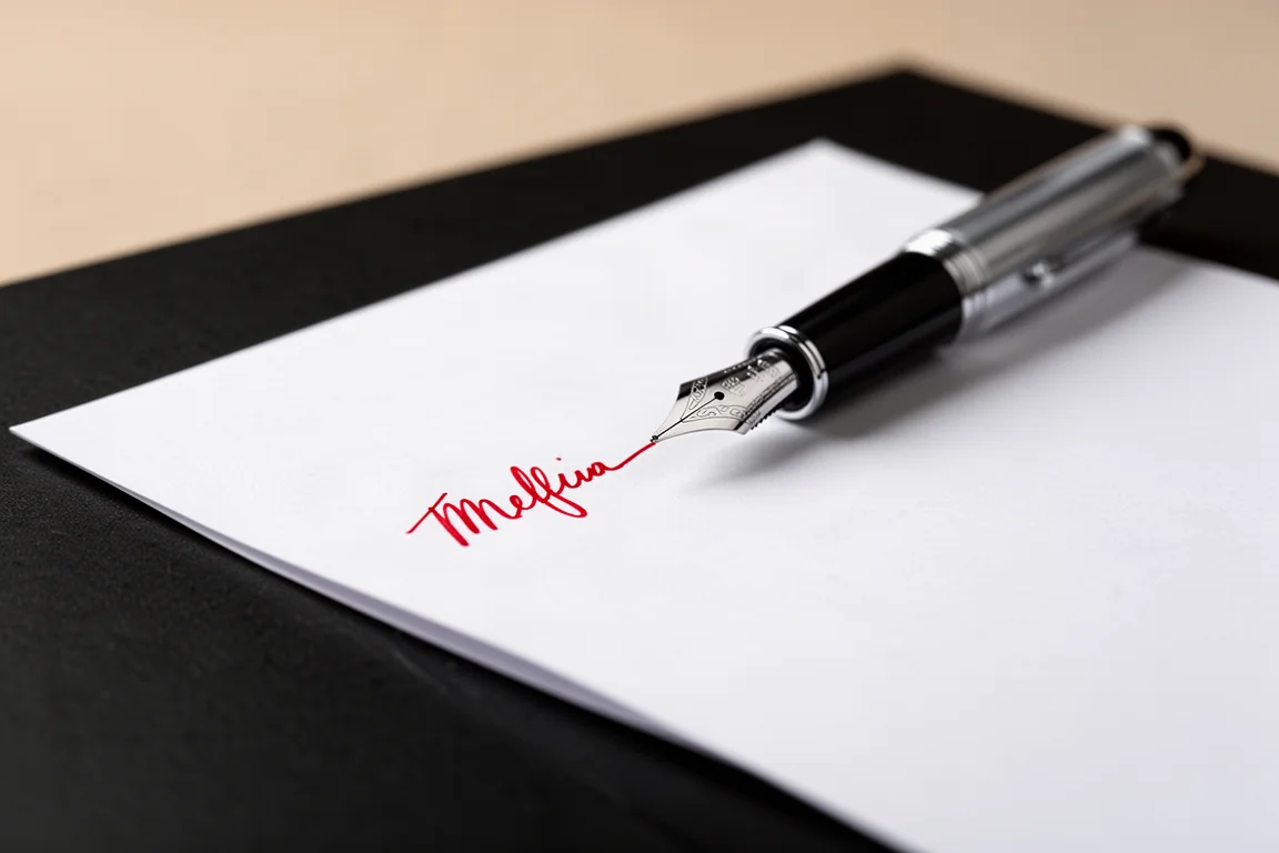 Fountain pen writing red ink on a smooth white sheet of paper on a dark desk