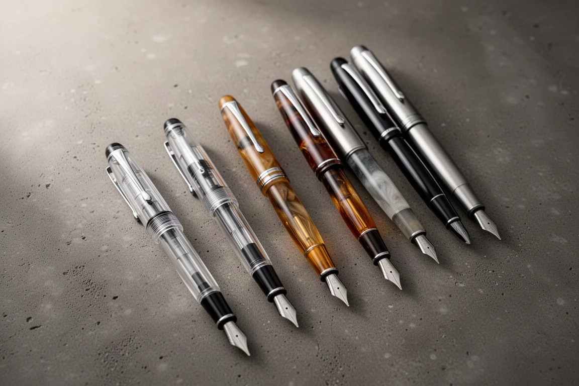 Collection of fountain pens with varied nib sizes arranged on a desk