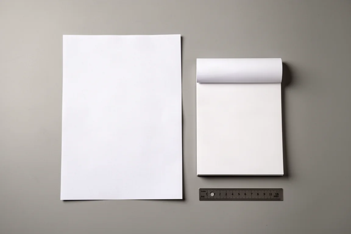 A4 loose-leaf sheet beside a letter-size notepad for size comparison