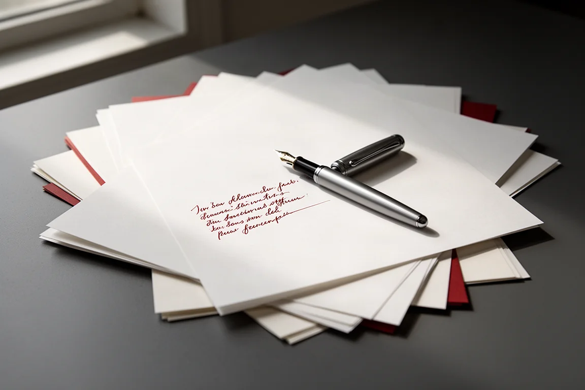 Stack of white loose-leaf paper with a fountain pen on a dark grey desk