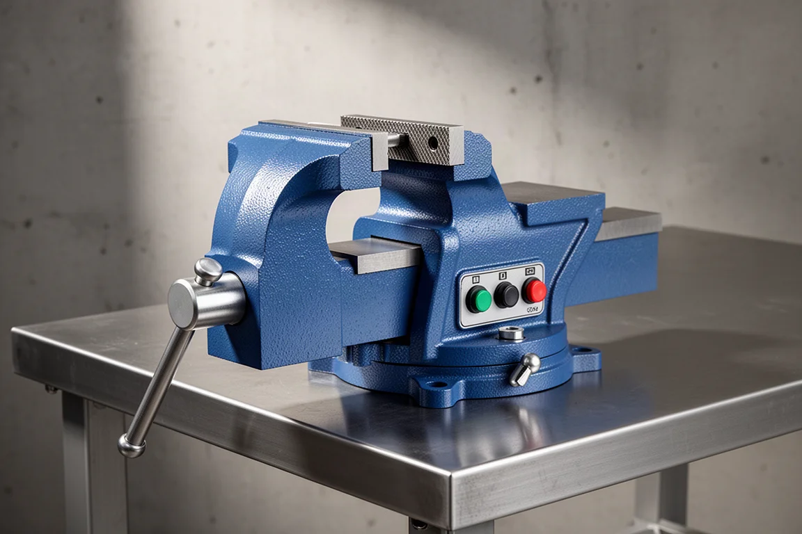 Blå Cosmos Industrial quick adjust-bänkskrustäd på ett stålbänkbord