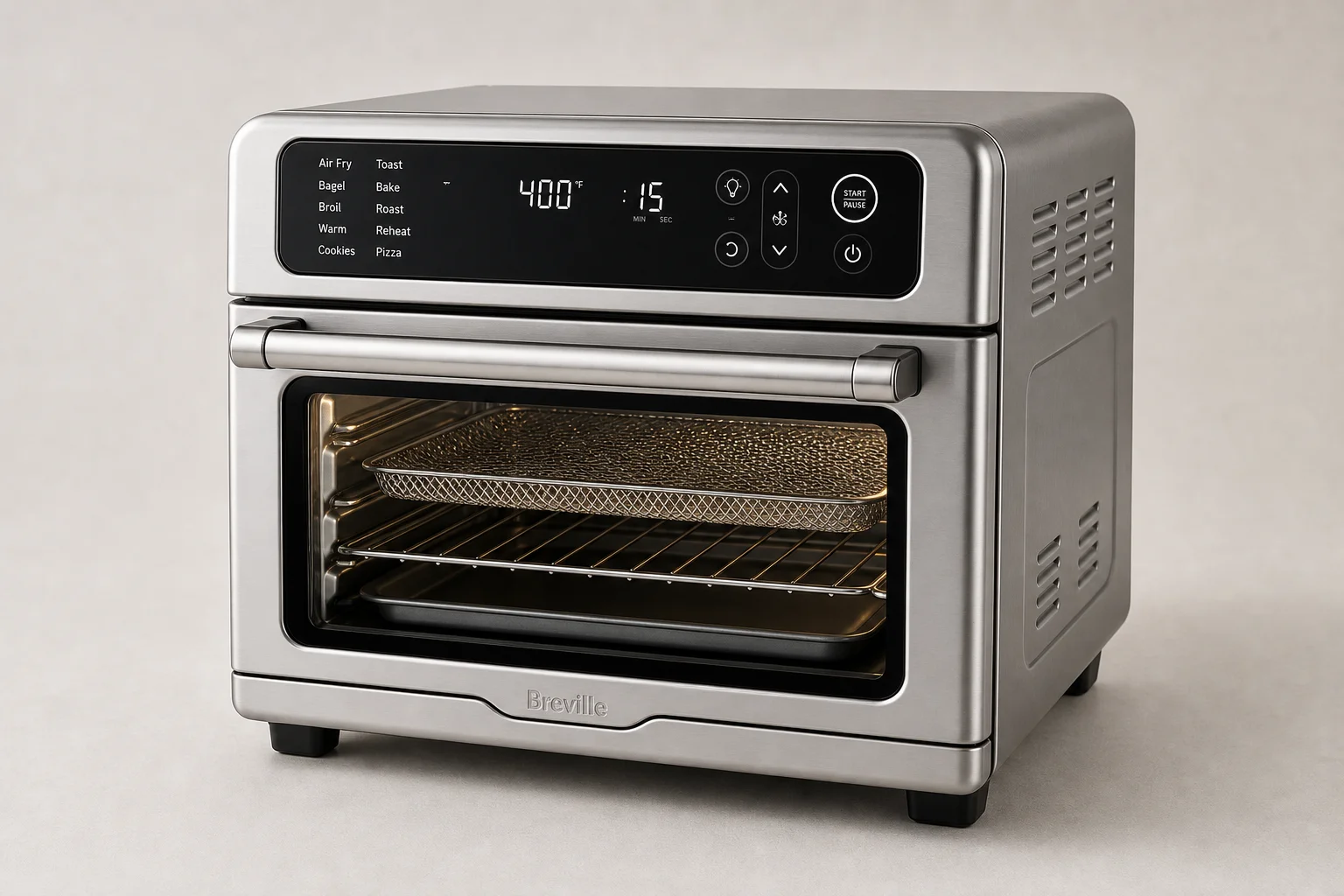 Five countertop convection ovens displayed on concrete surface