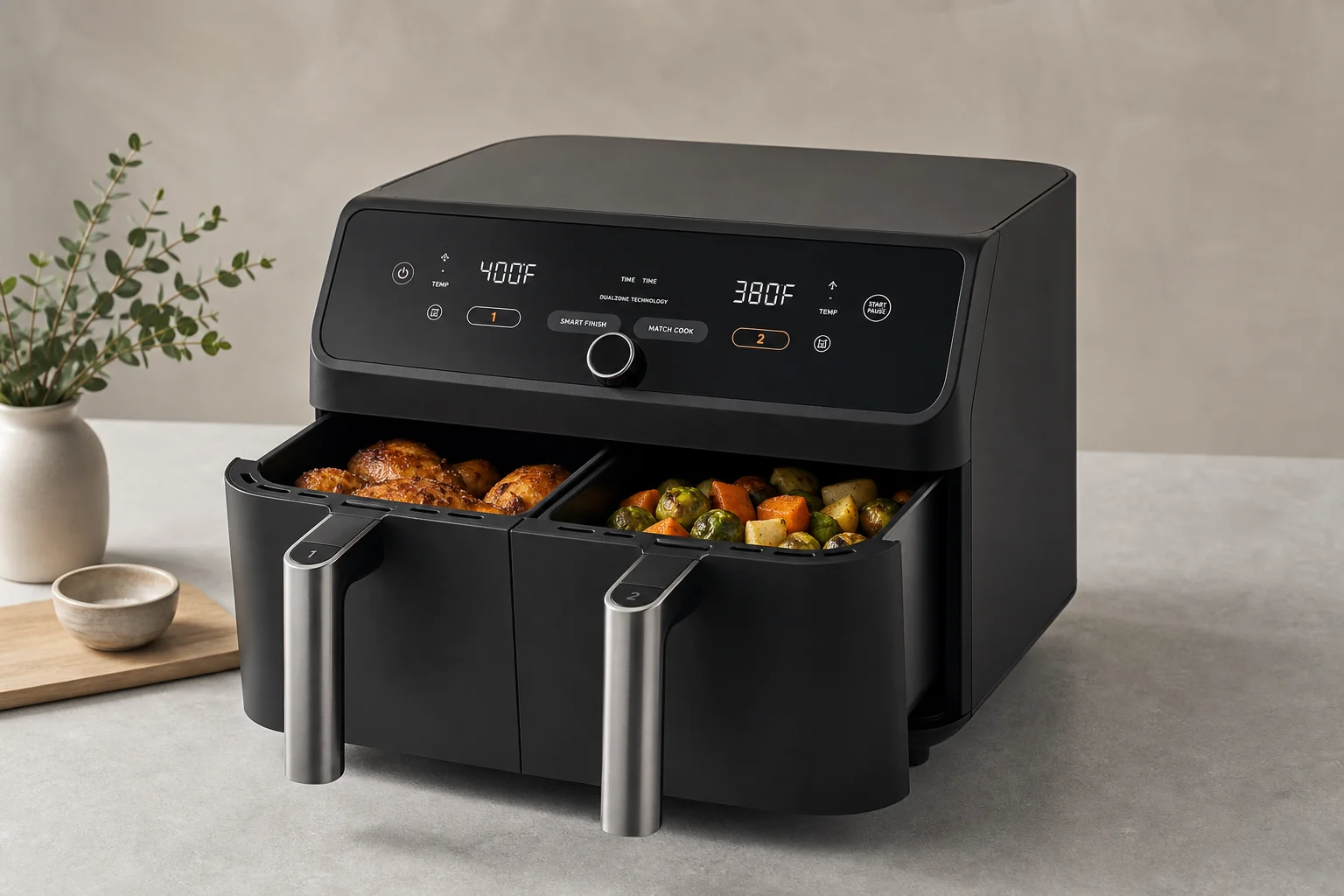 Six modèles de friteuses à air chaud disposés sur une surface en béton, illustrant une variété de styles et de tailles