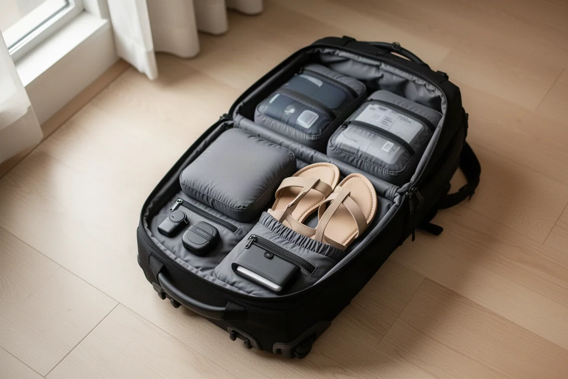 Geöffneter Reiserucksack auf einem Bett mit ordentlich gepackten Packwürfeln und Fächern