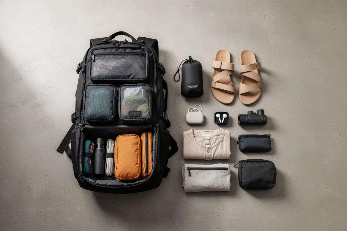 Ordentlich arrangiertes Reisegepäck als Flat Lay mit Rucksack, Packwürfeln, Sandalen und Accessoires