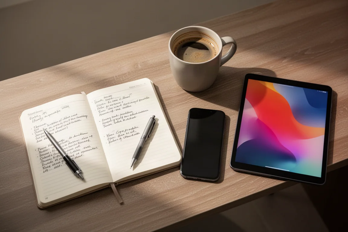 Flat lay van essentiële dealjachtspullen: notitieboek, koffie en tablet op een bureau
