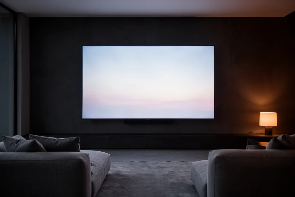 Groot 4K-scherm televisie in een gedempt moderne woonkamer