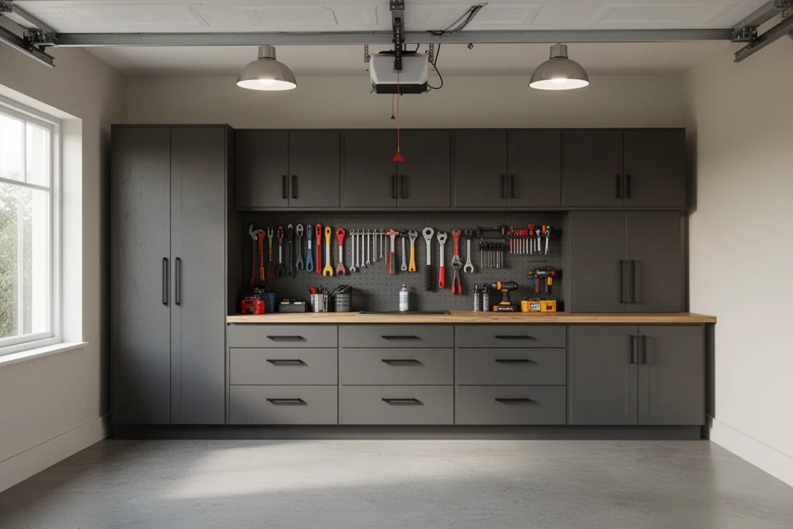 Opgeruimde garagewand met opbergkasten en werkbank