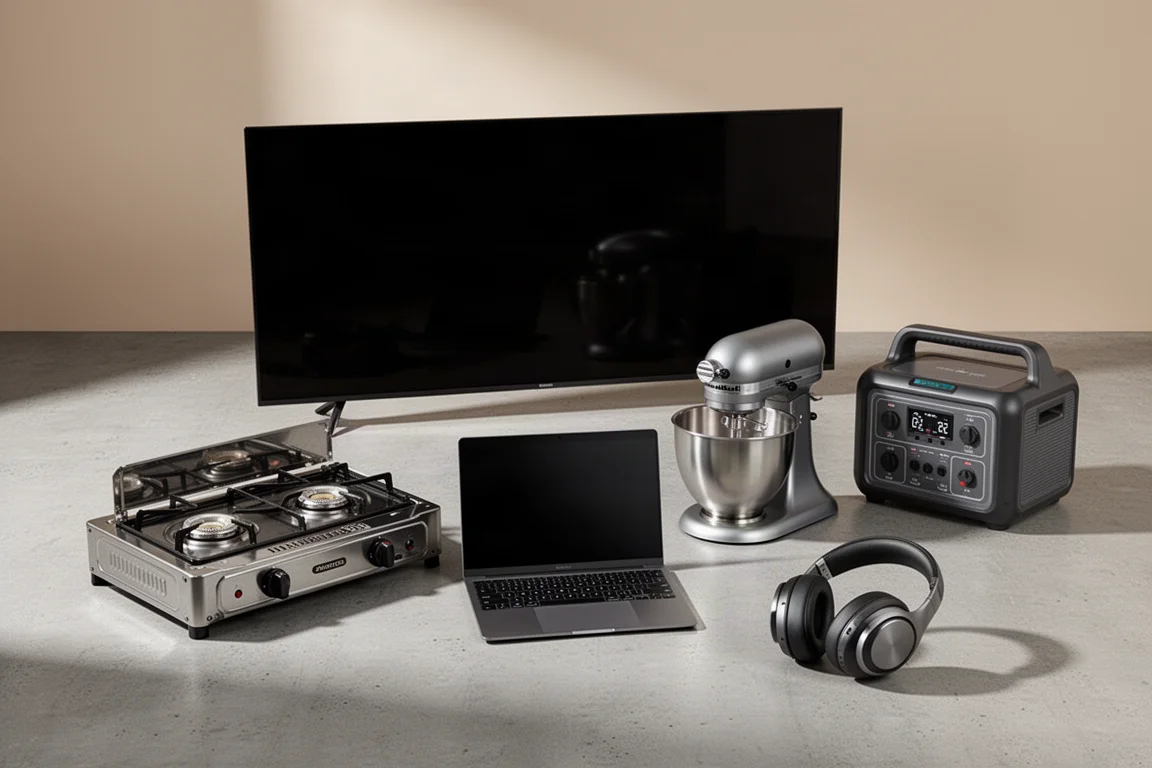 Flat-lay of electronics, kitchen appliances, and outdoor gear on a concrete surface