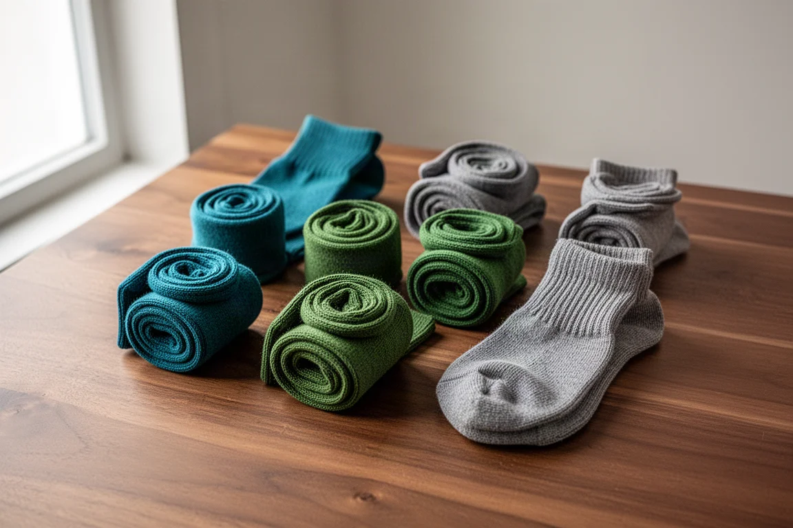 Calcetines de equipo coloridos enrollados y ordenados con cuidado sobre una superficie de madera