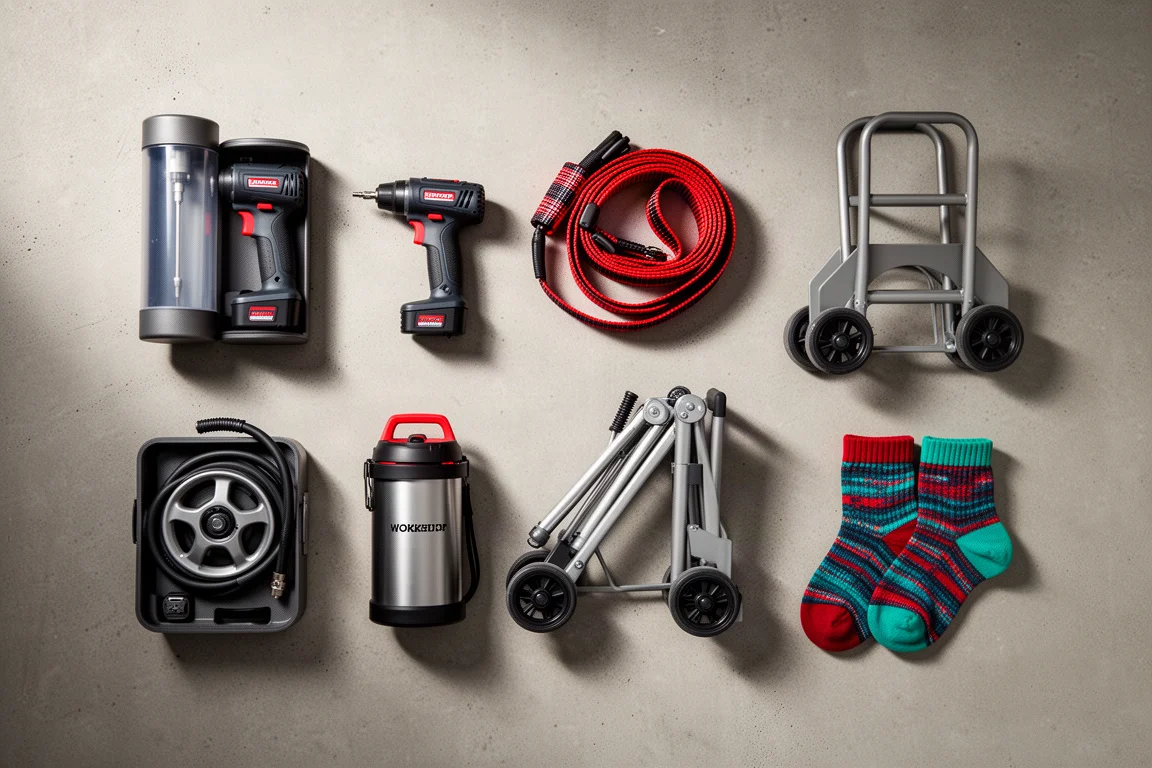 Flat-lay of six tested workshop products arranged on a concrete surface