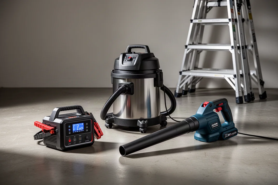 Garage tools including a jump starter, wet dry vacuum, blower, and ladder arranged on concrete