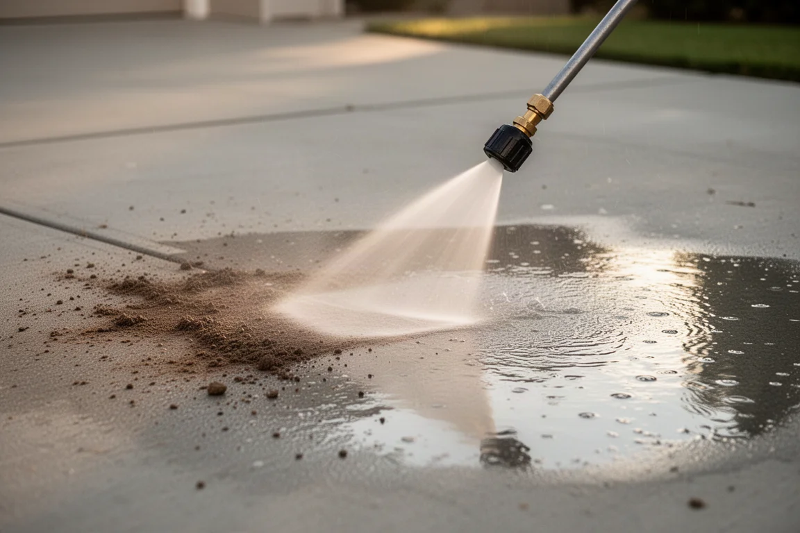 Hogedrukreiniger die een betonnen oprit schoonspuit