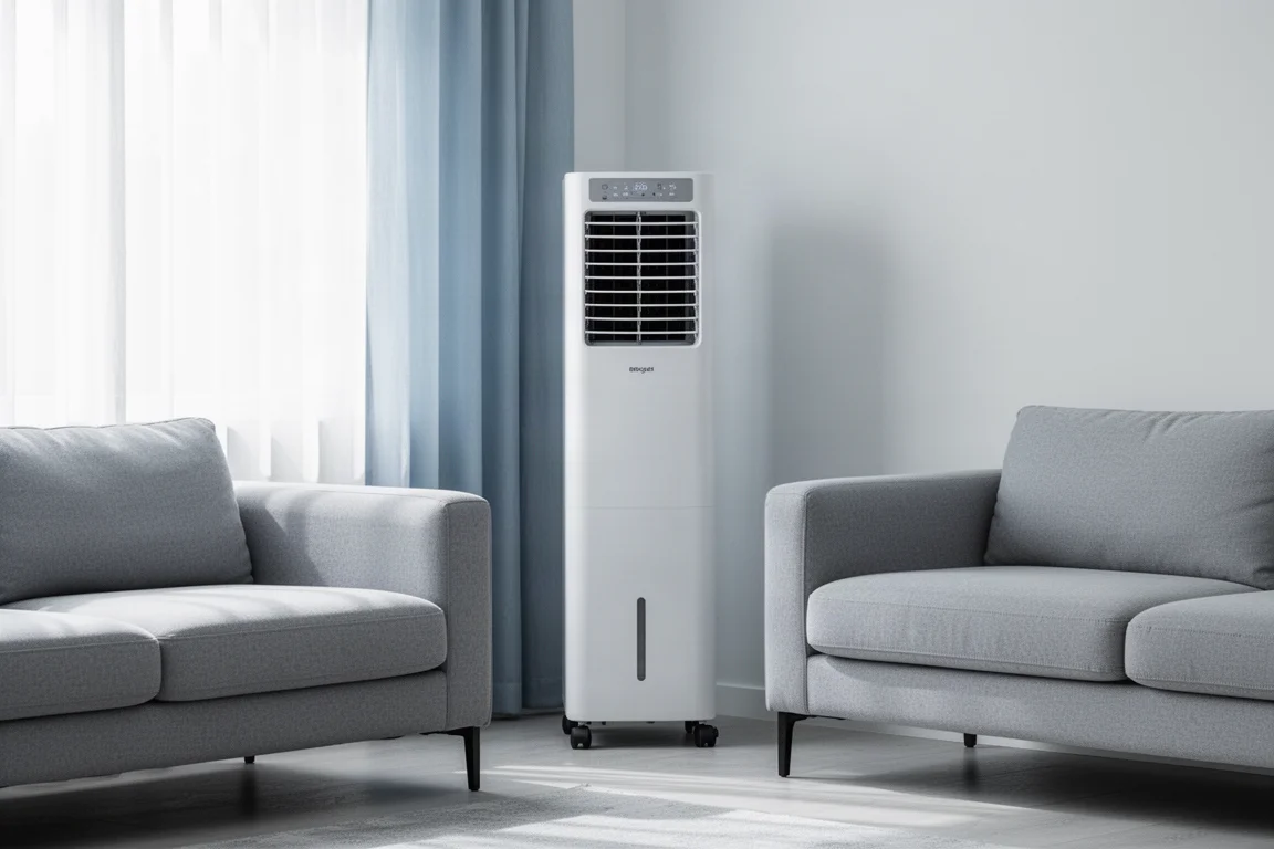 Draagbare airco in een lichte hoek van de woonkamer