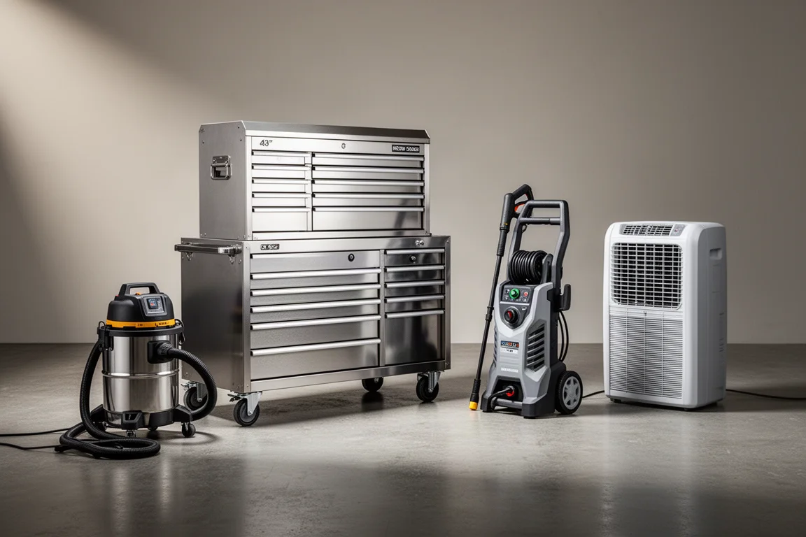 Tool chest, shop vacuum, pressure washer, and portable AC arranged in a warehouse aisle