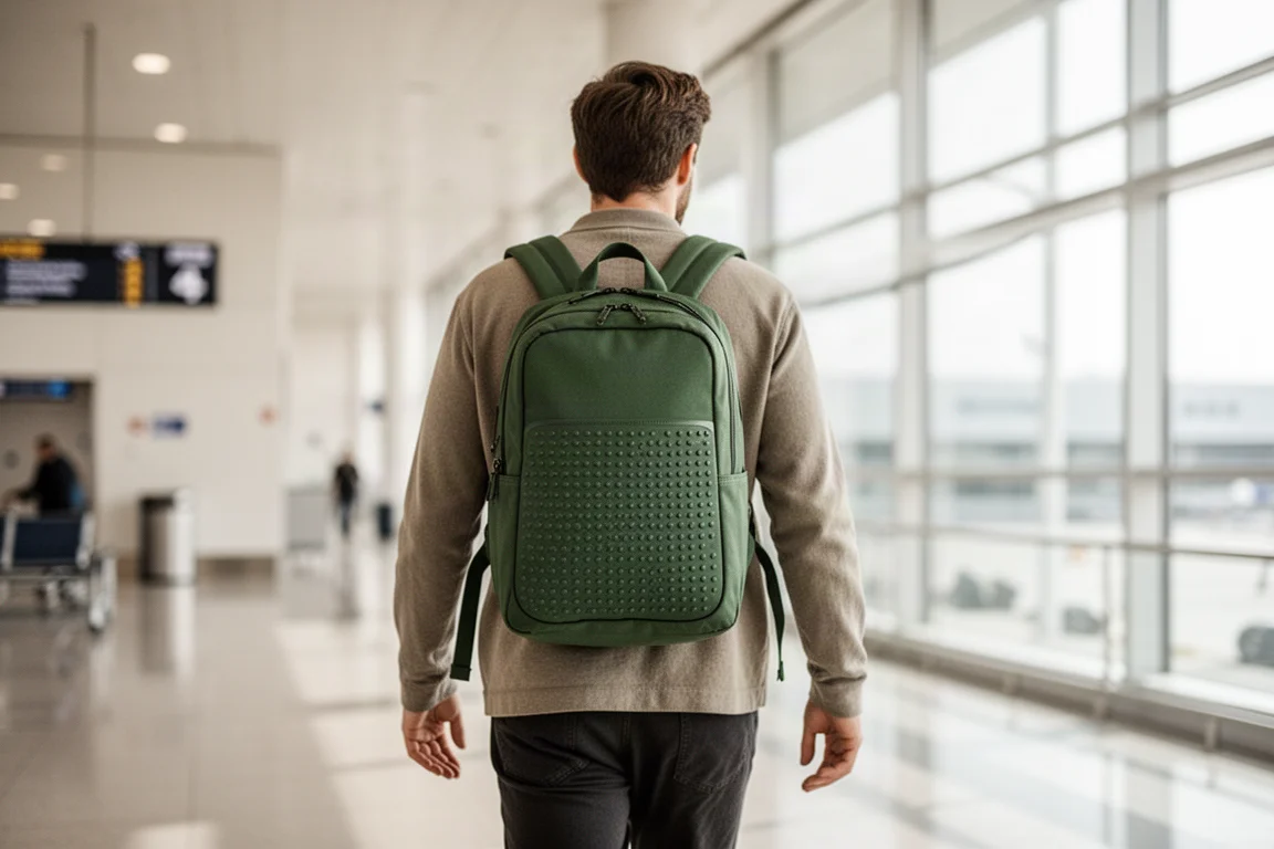 Traveler wearing a small evergreen travel backpack in an airport terminal