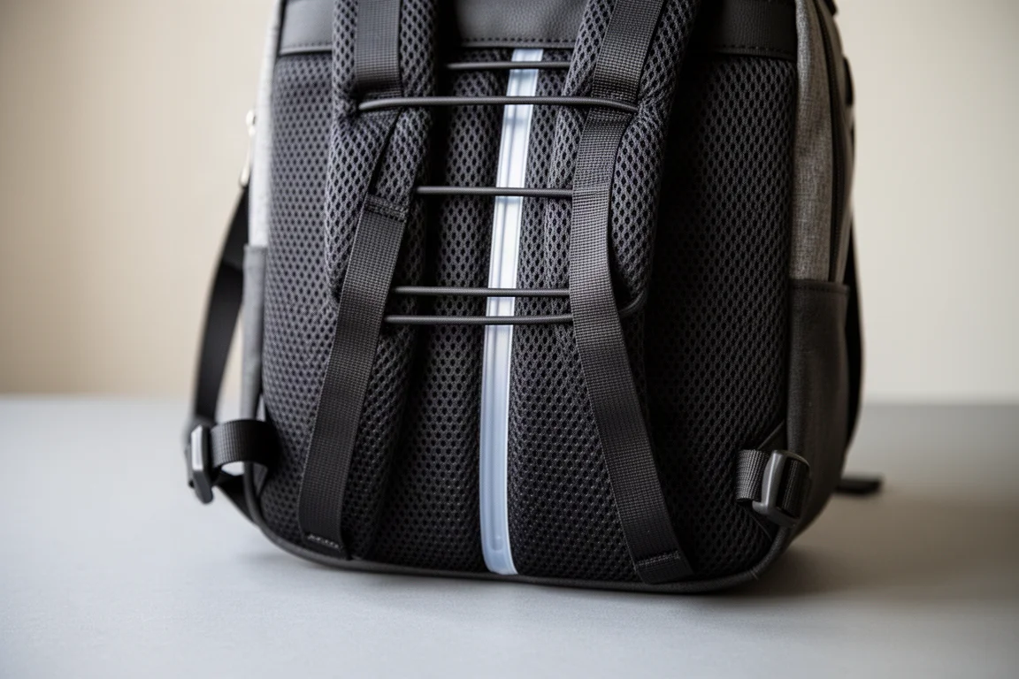 Backpack straps stowed behind a back panel converting the pack to briefcase mode