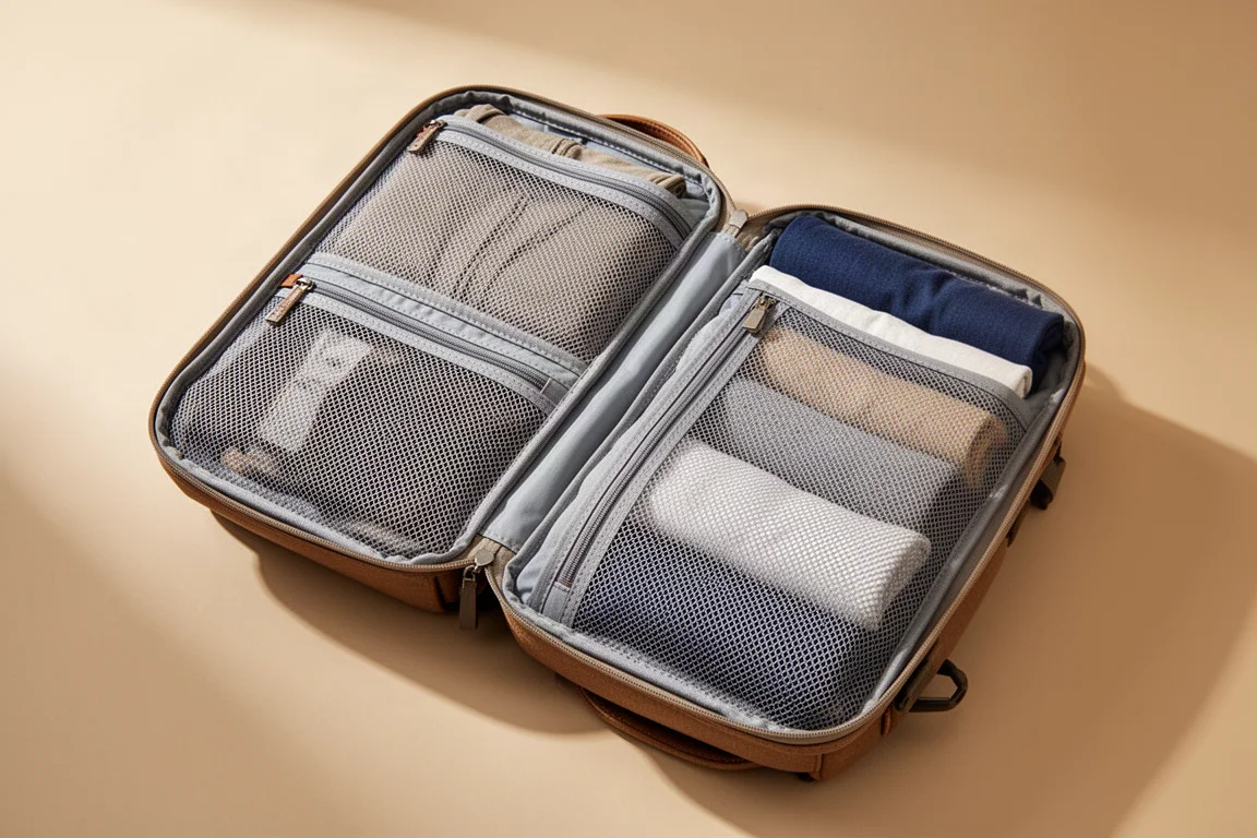 Open clamshell suitcase-style backpack showing built-in mesh packing compartments