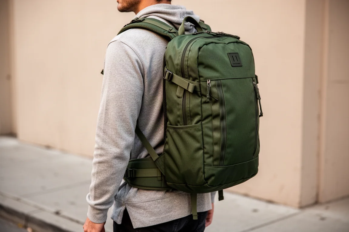 Fully packed small travel backpack worn comfortably on a traveler's back outdoors