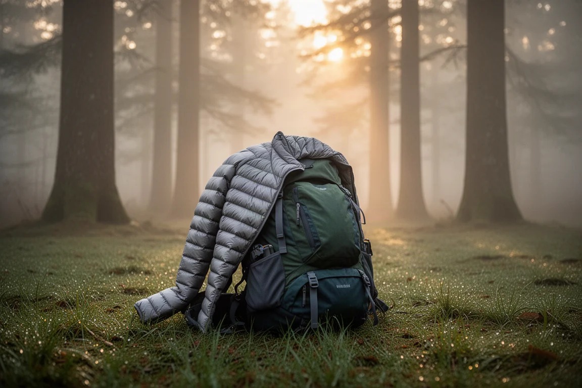 輕量羽絨外套披掛在登山背包上,背景是黎明時分霧氣繚繞的林間空地