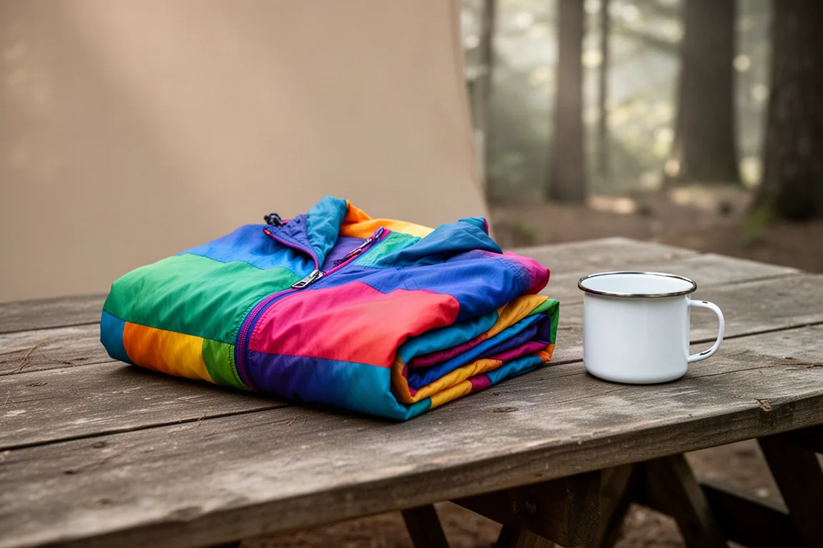 Opgevouwen kleurrijke nylon windbreaker op een kampeertafel naast een mok