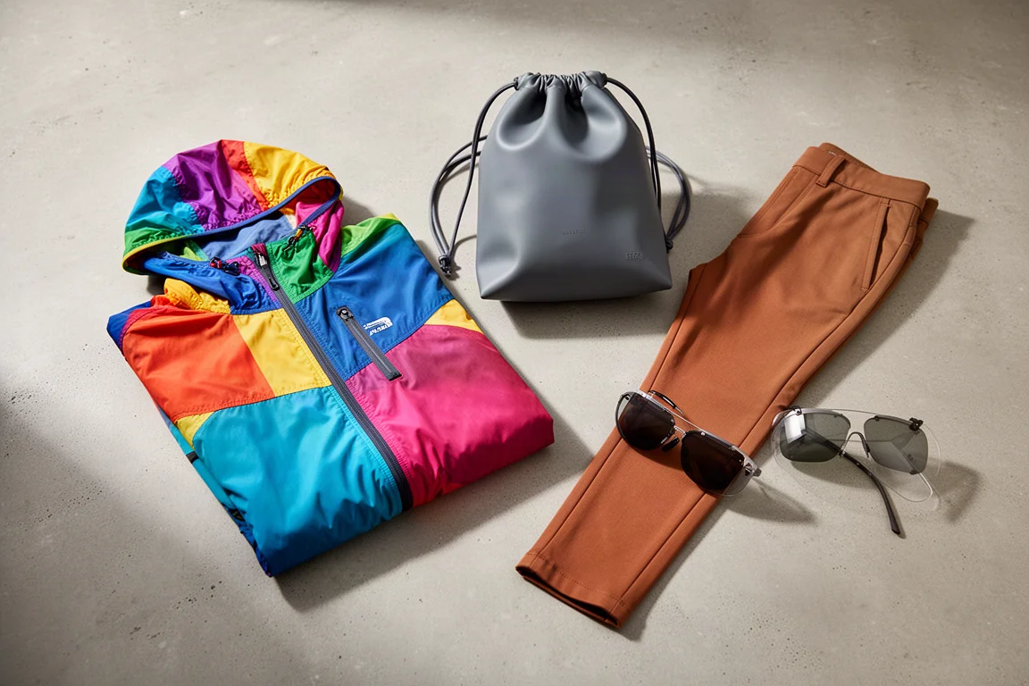 Flat-lay of colorful outdoor gear including windbreaker, backpack, joggers and sunglasses