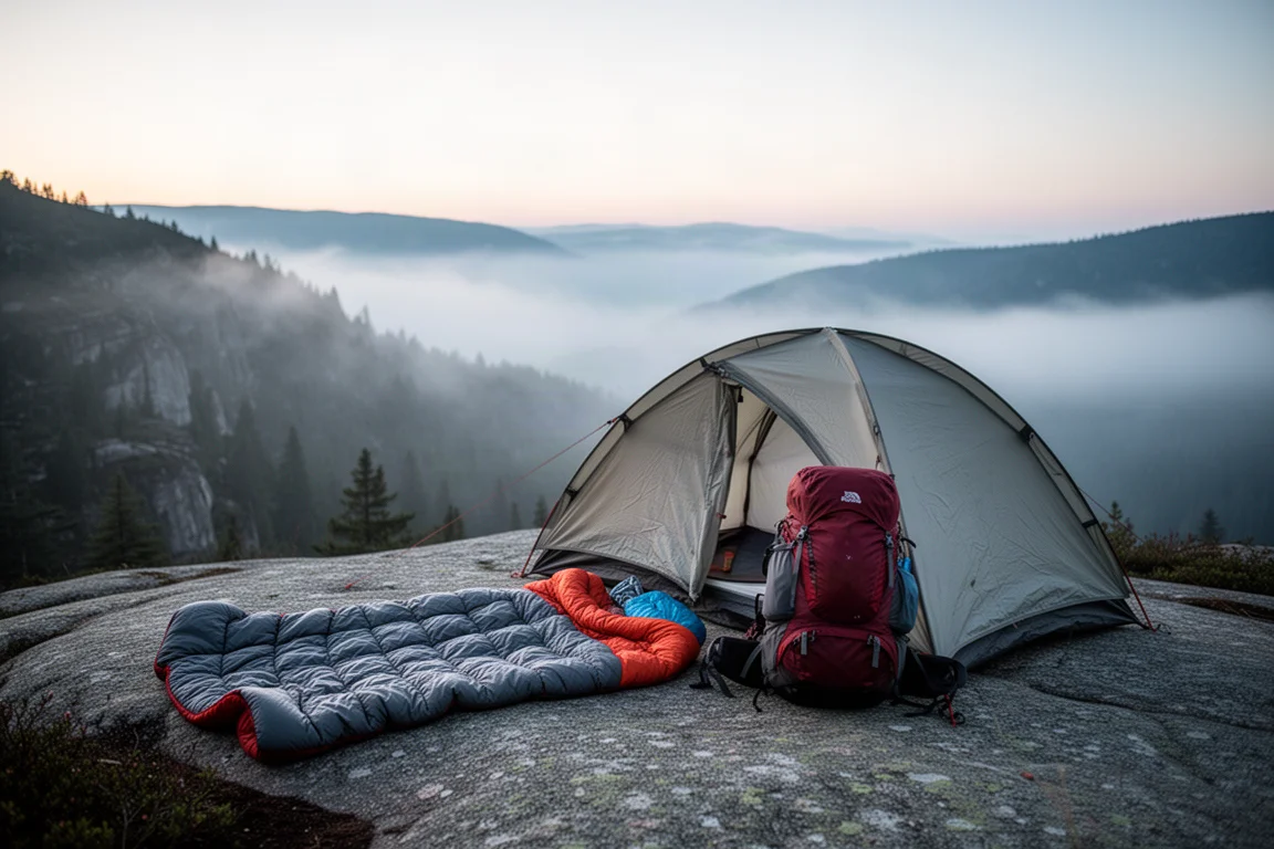 Thru-hiker-läger i gryningen med quilt, ryggsäck och låg profil tält på granit