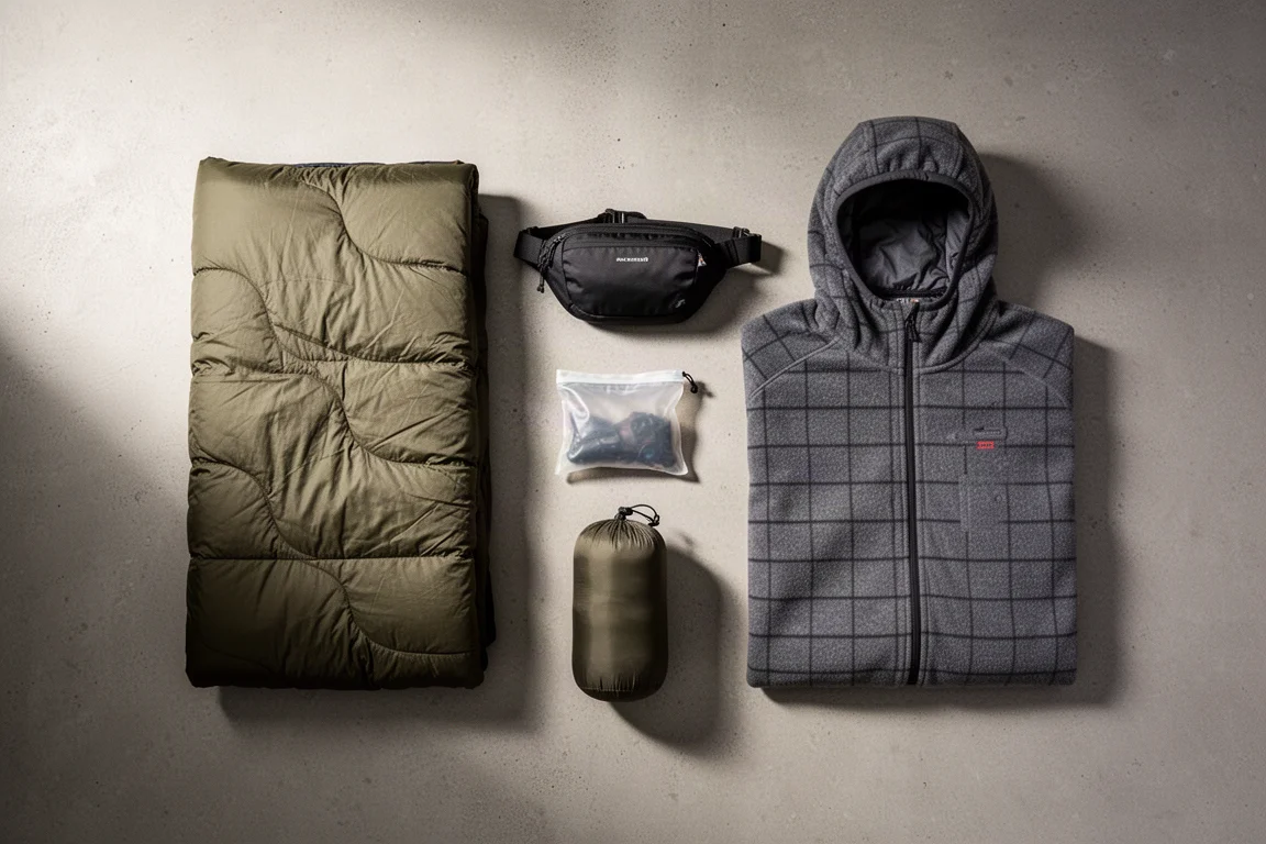 Ultralight backpacking gear flat-lay with quilt, hip pack, pouch, and fleece layer