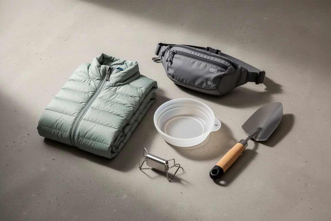 Flat-lay of ultralight backpacking gear arranged on a concrete surface