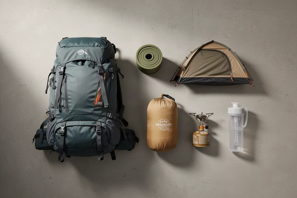 Flat lay of backpacking gear including a backpack, tent, sleeping pad, stove, and filter bottle