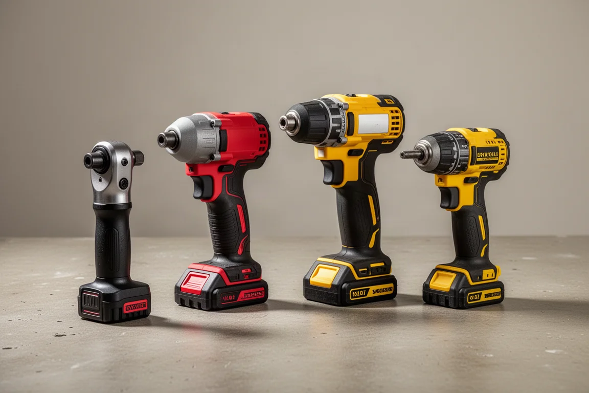 Four counterfeit cordless power tools arranged on a concrete workshop surface