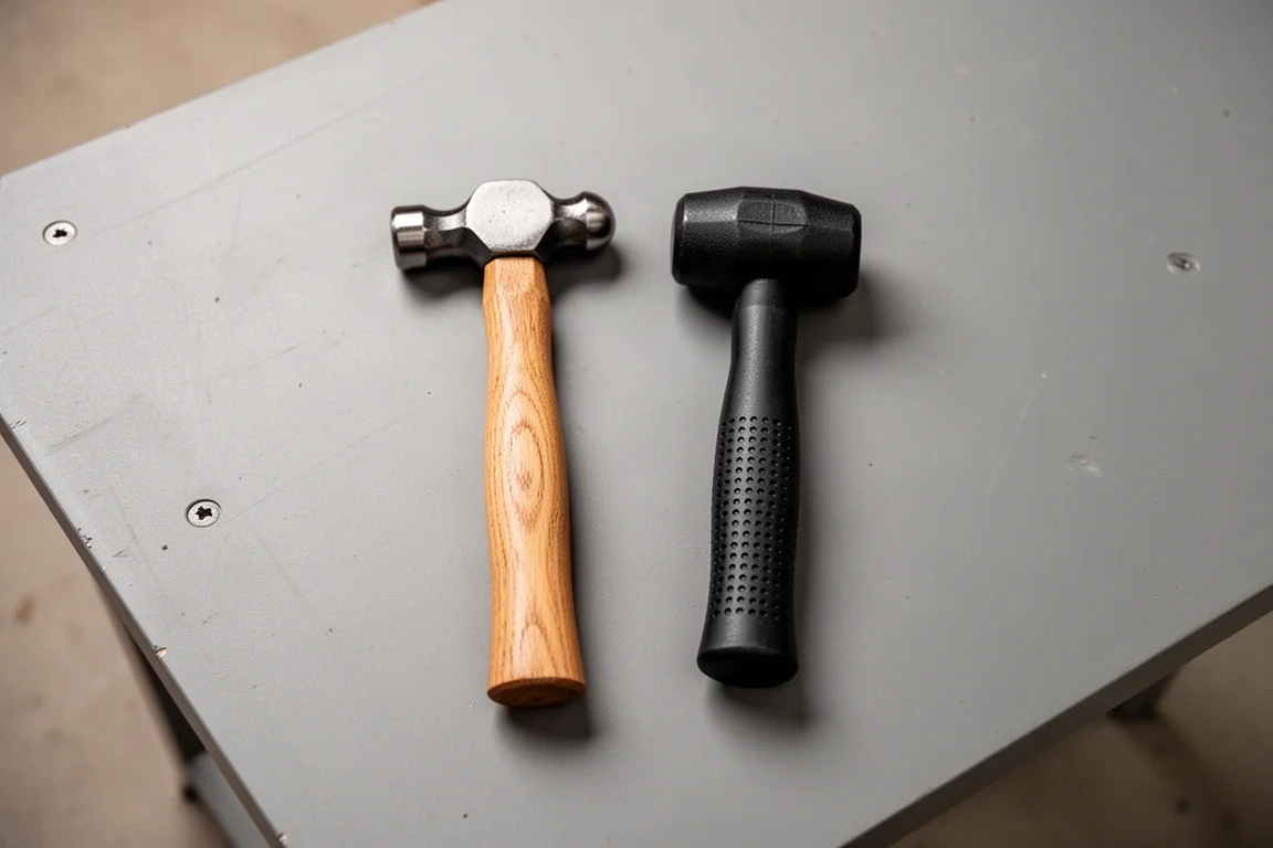 Ein kleiner Kugelhammer und ein kompakter Stichhammer nebeneinander auf einer Werkbank