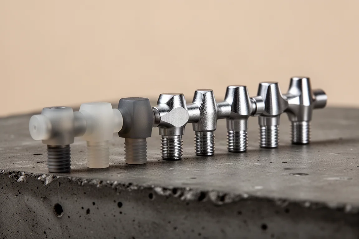 Hammerköpfe aus Nylon und Aluminium auf einer Werkbank angeordnet