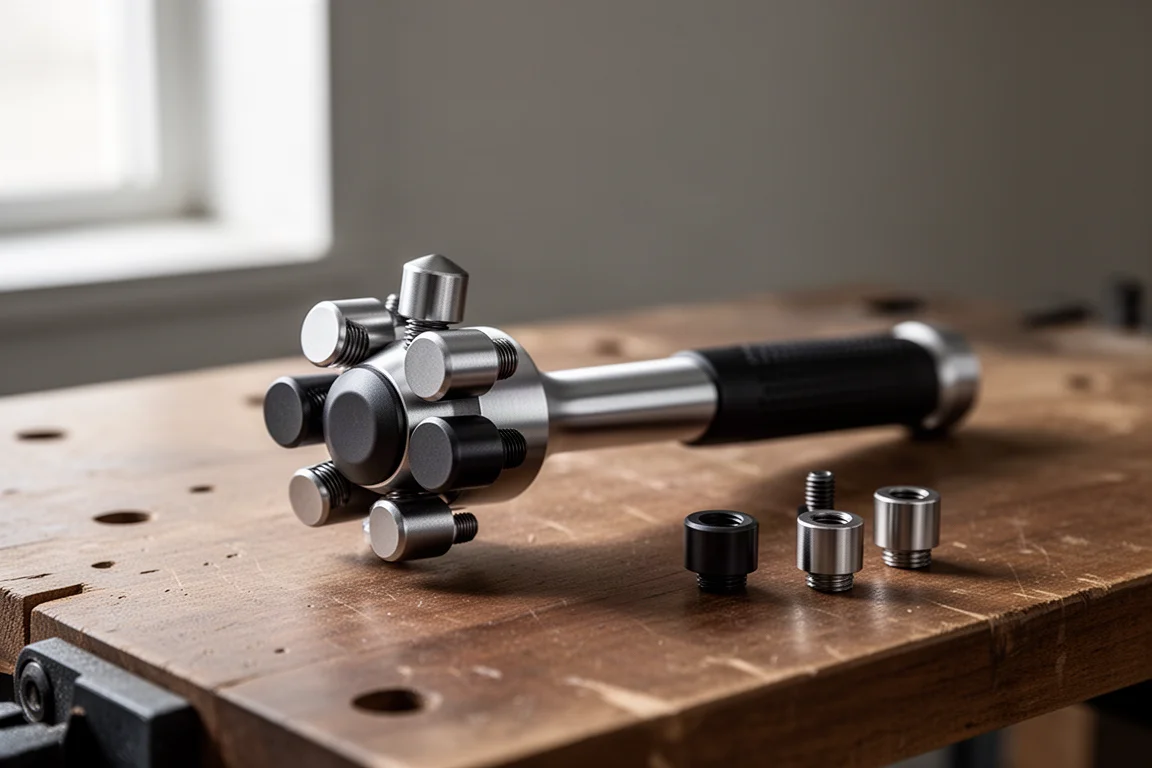 Small six-head multi-head hammer on a workbench with loose swappable heads