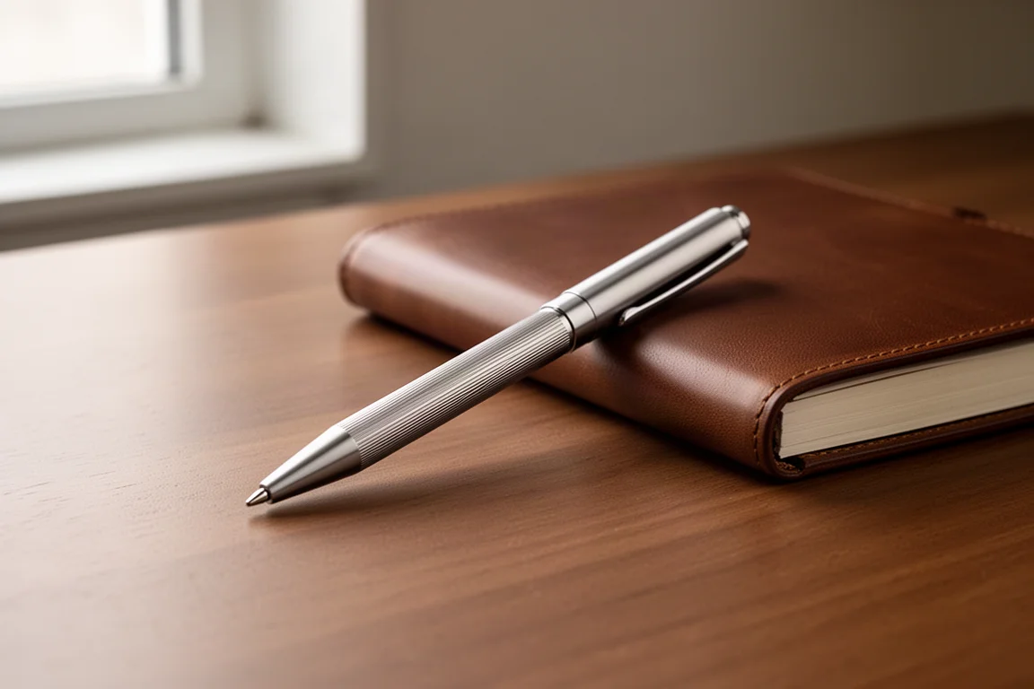 Titanium bolt action pen resting on a wooden desk beside a notebook