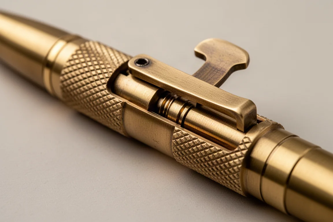 Close-up of a brass bolt action pen mechanism mid-action