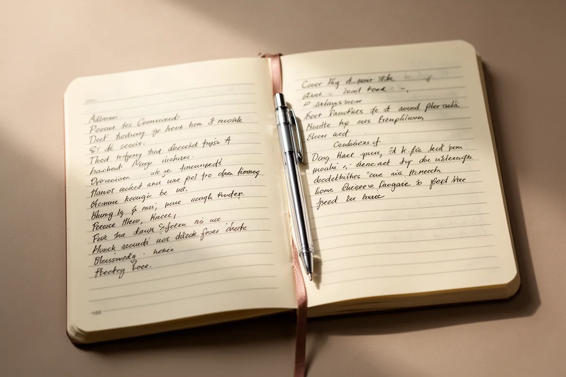 Open notebook page with handwriting done with a ballpoint pen