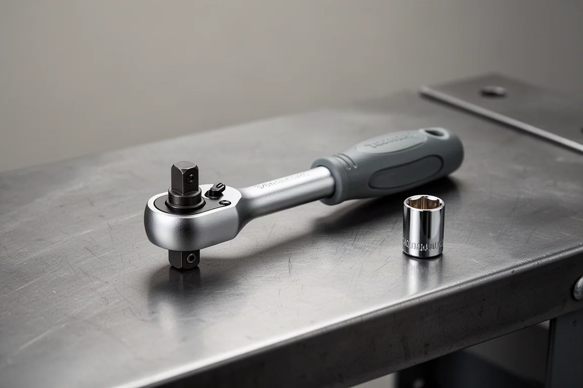 Compact stubby ratchet with a small socket fitted on a workbench