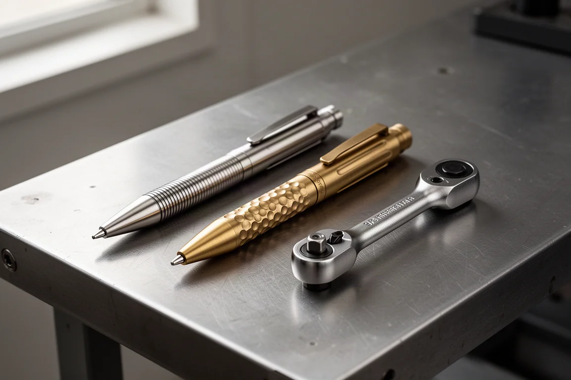 Two machined metal pens and a compact ratchet arranged on a brushed steel workbench