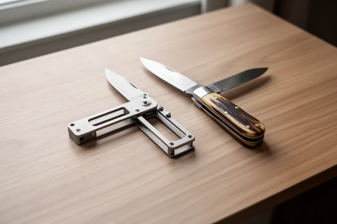 Small titanium folding knife next to a traditional pocket knife for size comparison