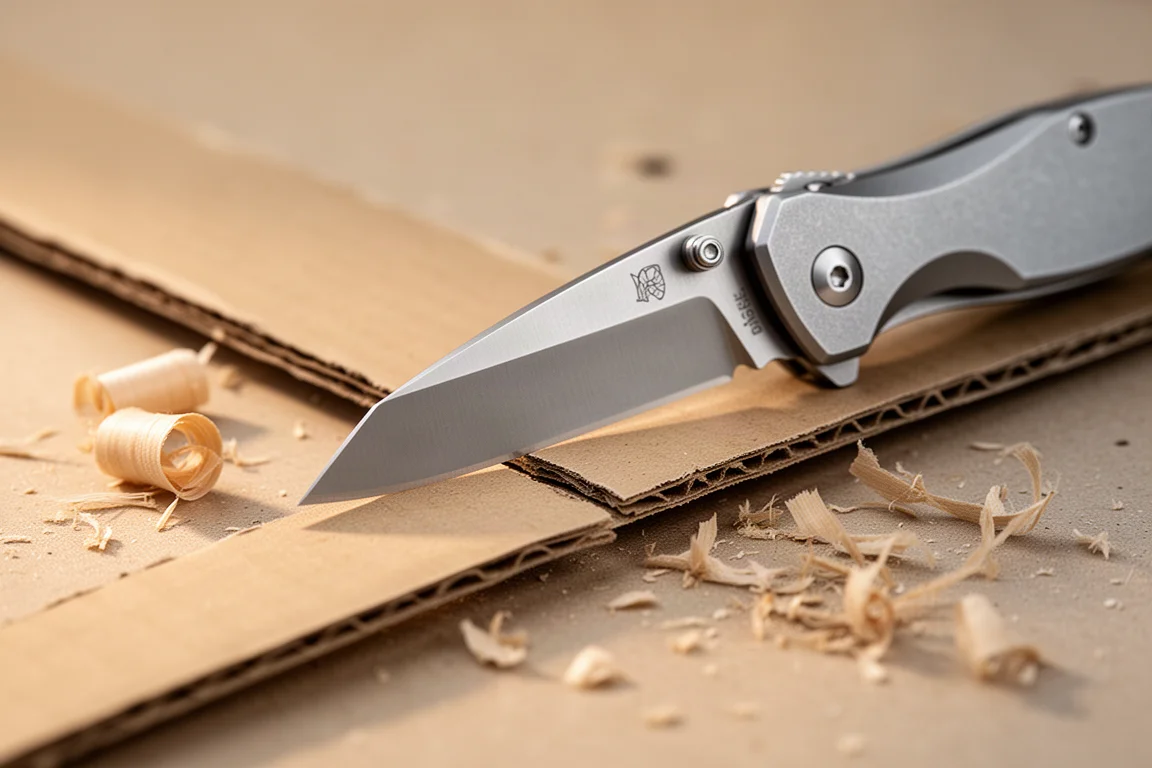 Close-up of the short wide blade tip of a compact EDC knife on a cutting task