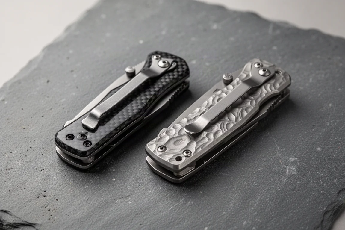 Two versions of the compact knife showing carbon fiber and textured titanium scales