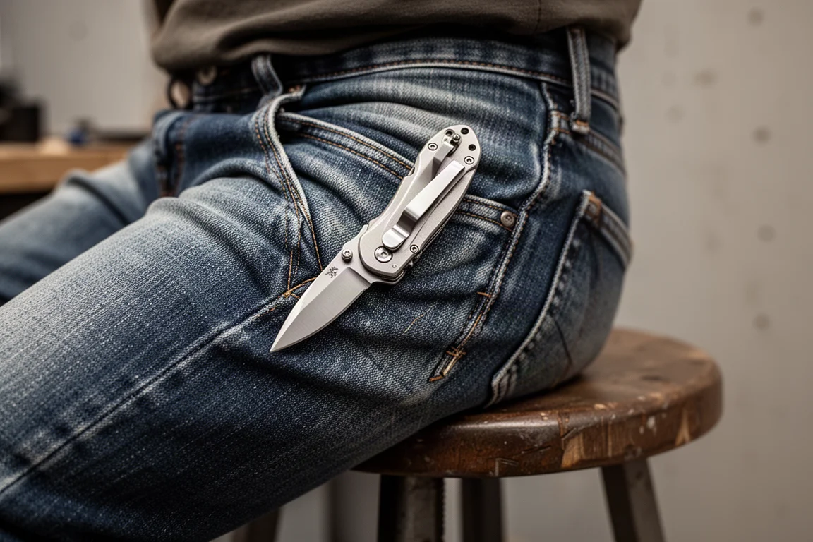 Compact folding knife clipped into a jeans pocket