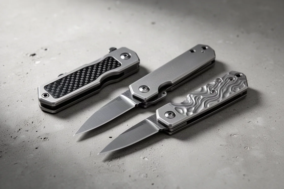 Compact titanium frame lock pocket knife with carbon fiber and topo titanium finishes on concrete