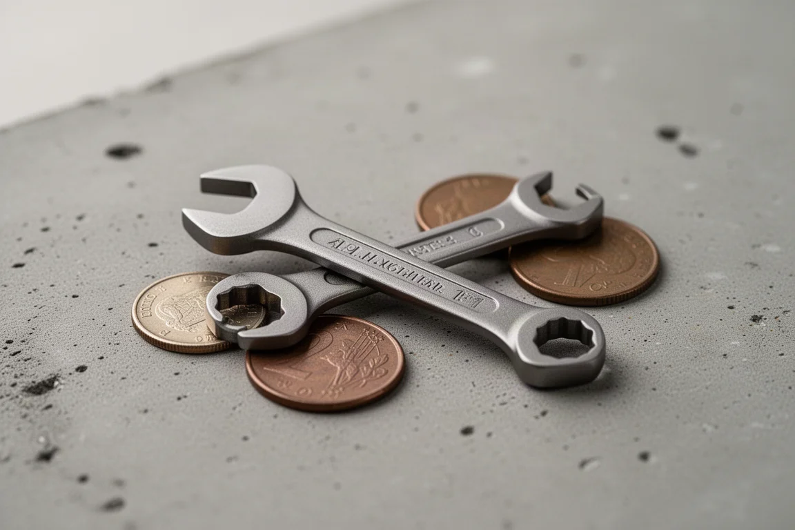 Tiny titanium adjustable wrench resting on a coin for scale