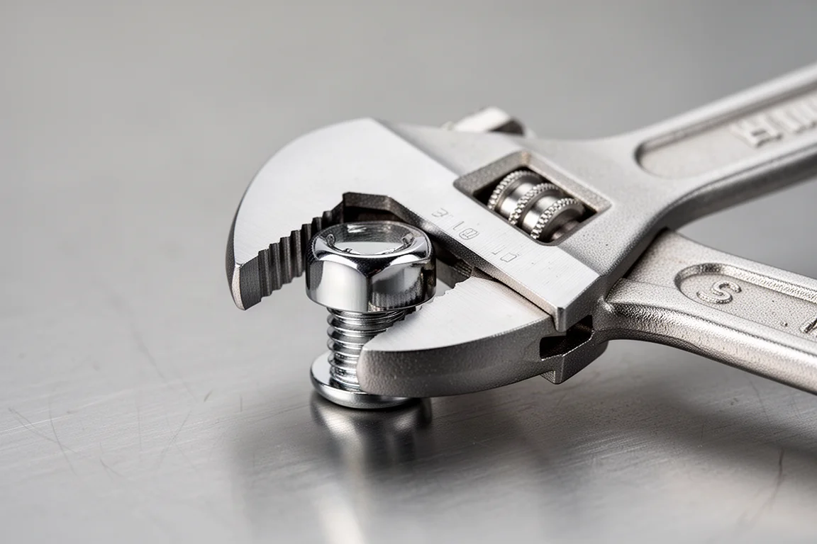 Open jaws of a small adjustable wrench gripping a metric fastener